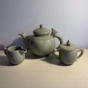 Vintage Thai Celadon Teapot, Sugar & Creamer Set- Light Green